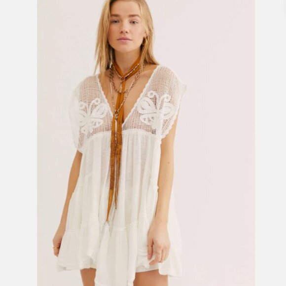 Free People Dresses & Skirts - Free People Mariposa Babydoll Mini Dress Top Embroidered Boho Cottage Fairy M